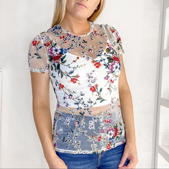 a new day Tops - A New Day XS Sheer Embroidered Floral Top